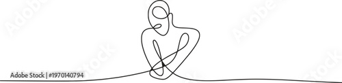 A continuous one-line drawing of a person hugging themselves in self-embrace.