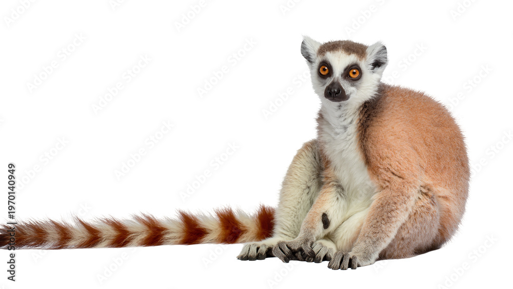 Fototapeta premium Ringtailed lemur sitting displaying fluffy fur, long striped tail