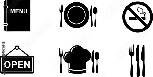 A simple vector set of kitchen and restaurant icons featuring utensils tools and food symbols like spoon fork knife pot plate and cup in clean silhouette design