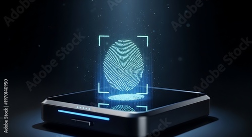 A smartphone with a glowing blue fingerprint scanner on its screen