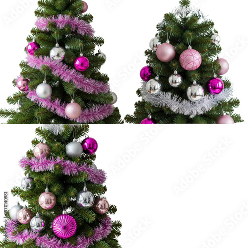 Christmas trees decorated with pink and silver ornaments