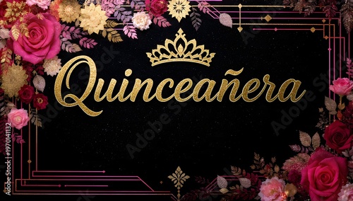Elegant Quincea?era Invitation with Gold Crown and Floral