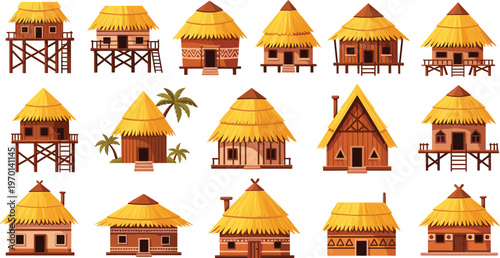 Collection of Tropical Thatched Roof Houses in Various Styles with Palm Trees and Wooden Structures