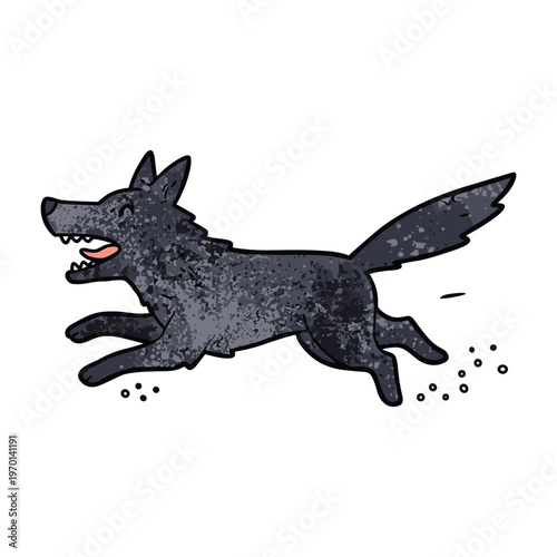 A cartoon illustration of a black wolf running at high speed with its tongue out.