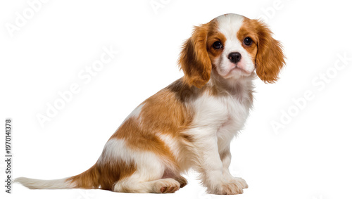 Cuadro en lienzo Fluffy Cavalier King Charles Spaniel puppy sitting displaying brown white, and t