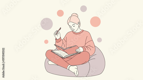 Young Woman Reading Book on Beanbag Chair, Cozy Home Study, Creative Thinking