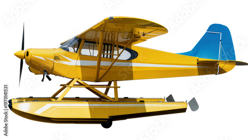 Fotografía Yellow vintage seaplane with blue tail, featuring propeller and floatation ponto
