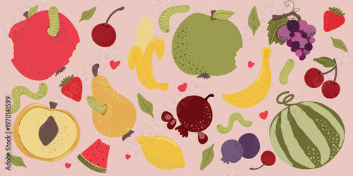 Fruit set with apple, banana, watermelon, grapes, strawberry and other fruits, flat vector illustration. Some fruits are shown bitten or cut, with playful details like worms and small leaves.