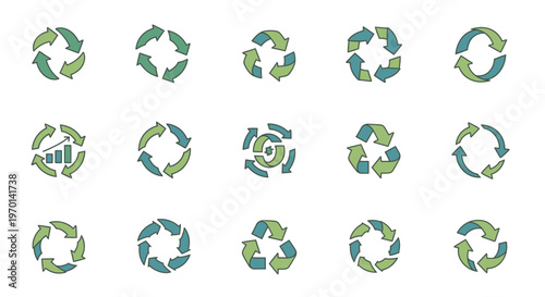 Collection of Green and Blue Recycling Arrow Icons for Sustainability and Cycle Concepts