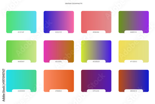 Collection of twelve colorful gradient squares with white labels.