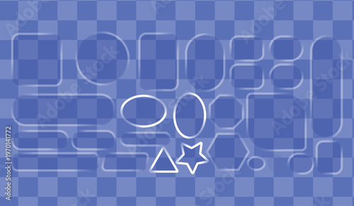 Transparent glass buttons, glass border shapes. Light glass box frame with neon effect for square ux icon. Elegant glass morphism UI design elements
