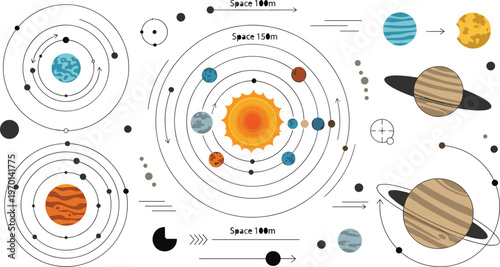 Solar system infographic with planets orbits sun space distances astronomy diagram and educational universe illustration set