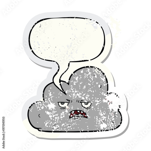Distressed sticker of a grumpy cartoon storm cloud with an empty speech bubble