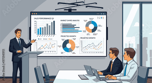 Businessman presenting data on a screen to two colleagues in a modern office setting with laptops and graphs.