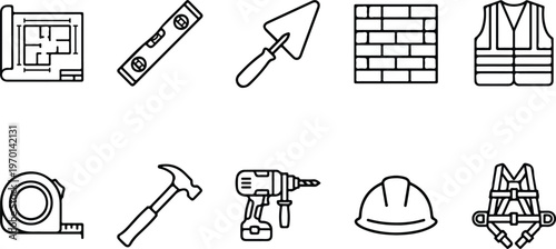 Construction and architecture line icon set featuring blueprint, masonry tools, and safety gear.