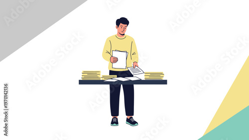Man sorting documents at desk, business paperwork organization, office work concept