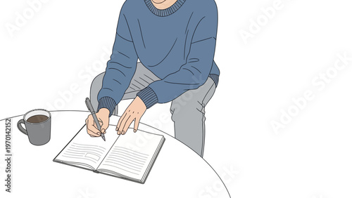 Person writing in notebook with coffee, focused, creative, home office, studying, journaling