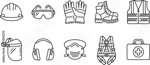 Personal protective equipment (PPE) line icon set featuring safety helmet, vest, boots, and industrial health symbols.