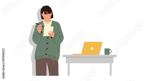Woman with Laptop and Notebook, Working or Studying at Home Office Desk