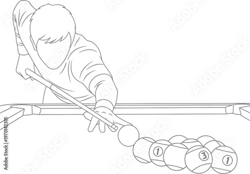 Line drawing of a person aiming a pool cue at a group of billiard balls on a table