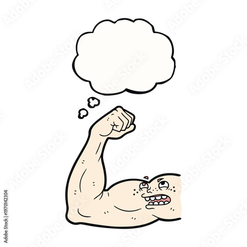 Cartoon illustration of a muscular arm flexing with a face on the bicep thinking