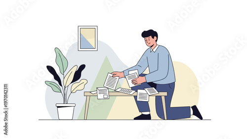 Man sorting documents at desk, home office, organization, workflow concept