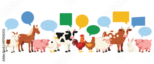 Set of cute farm animals with empty speech bubbles on white backdrop.