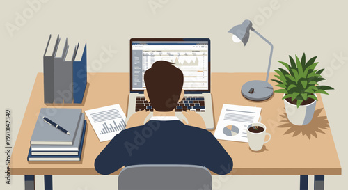 Office worker sitting at a cluttered desk with a laptop, papers, and coffee cup in a modern workspace with a neutral background.
