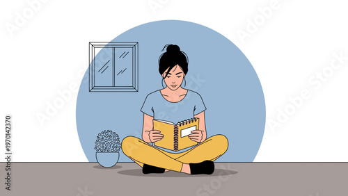 Woman Reading Book Sitting Cross-legged Indoors