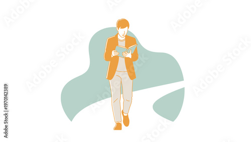 Man in Orange Jacket Reading Book While Walking on Path