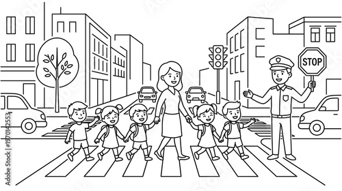 Police officer helping children cross street at pedestrian walkway.