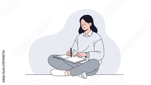 Young Woman Studying and Writing in a Notebook, Sitting Cross-legged