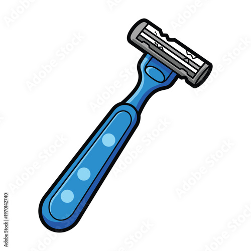 A blue plastic disposable razor with three sharp blades for personal grooming and shaving.
