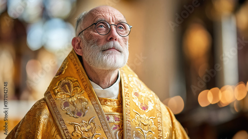 Elderly priest wearing golden liturgical vestments looking up with devotion. Religious cleric inside church during mass. Spiritual leader practicing faith and prayer in Christianity.