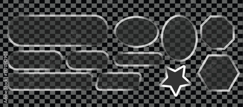 Transparent glass buttons, glass border shapes. Light glass box frame with neon effect for square ux icon. Elegant glass morphism UI design elements
