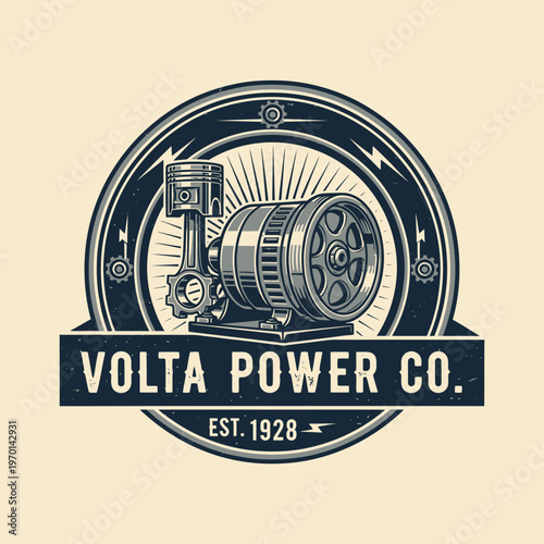 Volta Power Company Emblem, Vintage Engine Piston and Flywheel Logo, Industrial Electrical Engineering in Bright Studio