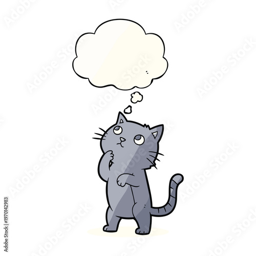 A cute grey cartoon cat looking up thoughtfully at a blank white speech bubble above its head.
