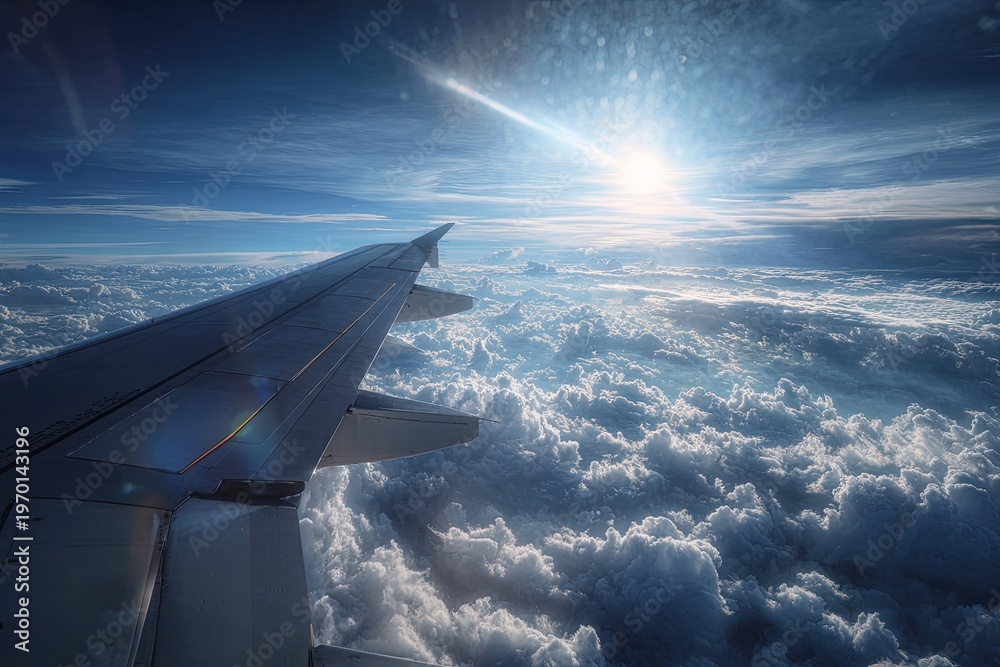 Obraz premium Airplane wing piercing bright sun, vast cloudscape below in a brilliant blue sky