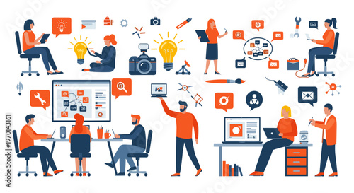 People working in creative team with orange and blue illustrations in modern flat design for business marketing