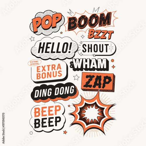 Comic Sound Effects Stickers Set with Pop Art Speech Bubbles