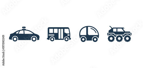 Modern Autonomous Vehicles and Future Transportation Icons Set, Self Driving Car Bus Pod and Offroad Rover Symbols for Smart City Logistics Design
