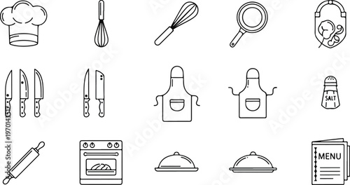 Minimalist kitchen and restaurant line icon set for culinary and food service design.