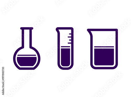 Laboratory Glassware Icons Set with Liquid, Erlenmeyer Flask, Graduated Cylinder and Beaker Outlines, Science and Chemistry Research Equipment Vector