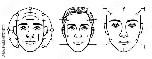 Professional UI icon for facial recognition scan set with clean technical style on white background featuring facial recognition, biometric, security with vector and iconography