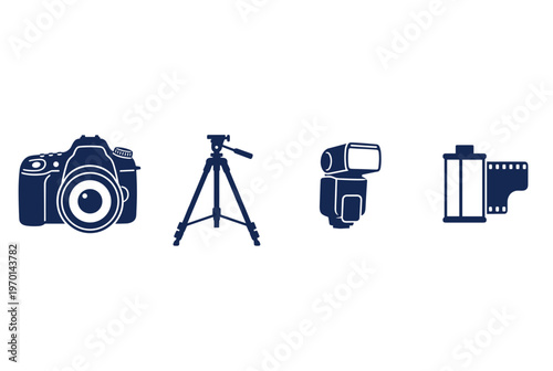 Professional Photography Equipment Silhouette Icons, Digital SLR Camera, Tripod, Flash and Film Roll Symbols Isolated on White Background Vector Set