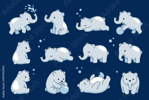 Cute Baby Elephant and Bear Characters in Different Activities, Sleeping, Playing with Ball and Blowing Water, Funny Animal Vector Illustration Set