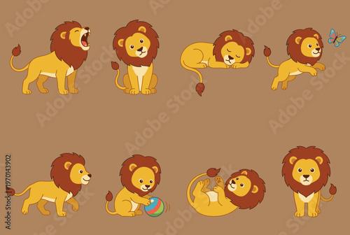 Brave Little Lion King Character Set Roaring, Sleeping, Playing with Ball and Chasing Butterfly, Cute Wild Cat Animal Vector Illustration Collection