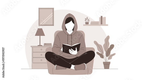 Person in Hoodie Reading Book Sitting Cross-legged on Chair, Cozy Home Interior