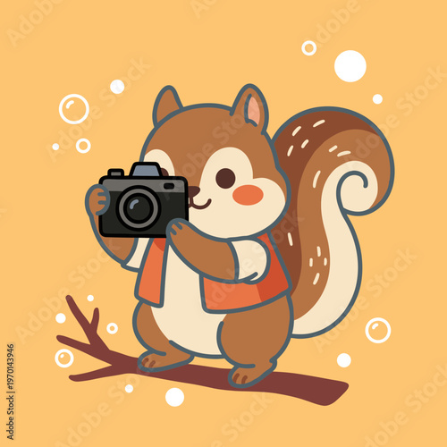 Cute Squirrel Photographer Character Holding Camera on Tree Branch with Bubbles, Funny Forest Animal Wildlife Photography Vector Illustration Design