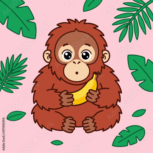 Adorable Baby Orangutan Character Holding a Banana in Jungle with Tropical Leaves, Cute Primate Monkey Animal Vector Illustration for Kids Design